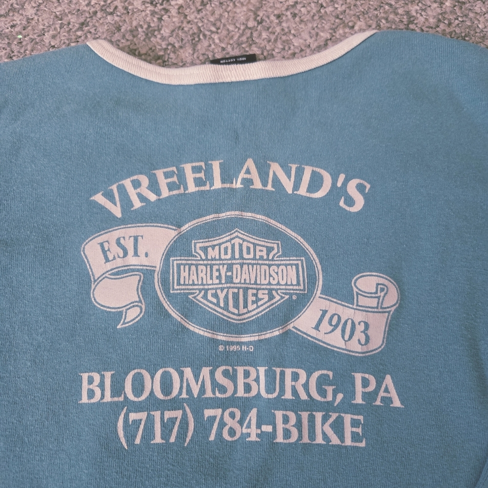 VTG Harley Davidson Womens 3/4 Sleeve T-Shirt‎ Teal Blue Ringer 1995 USA Size M - Picture 5 of 13